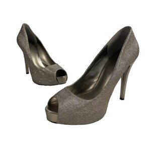 Guess Women's Gold Glitter Multi Fabric Peep Toe Pumps Sz 10M - Original Box